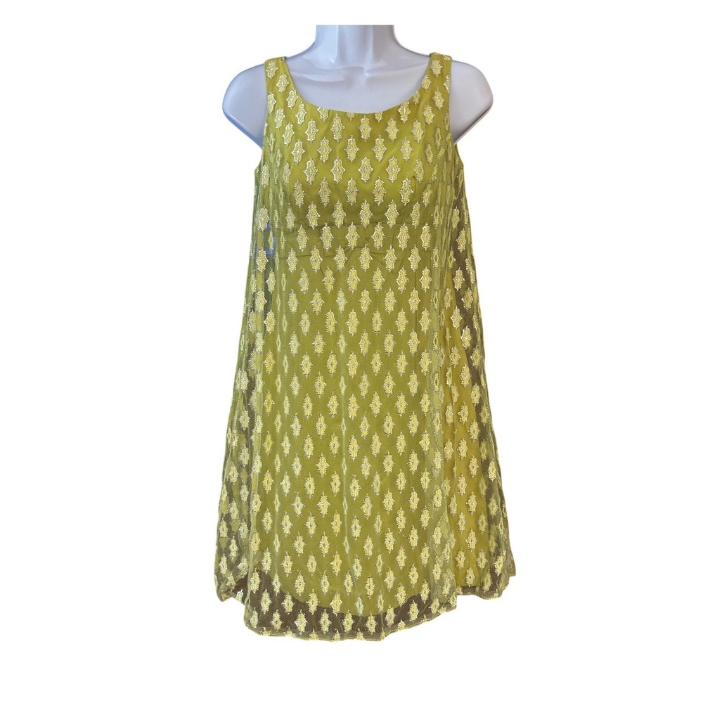 60s Vintage ILGWU Shift Dress Mod Chartreuse Metallic Cocktail Metallic